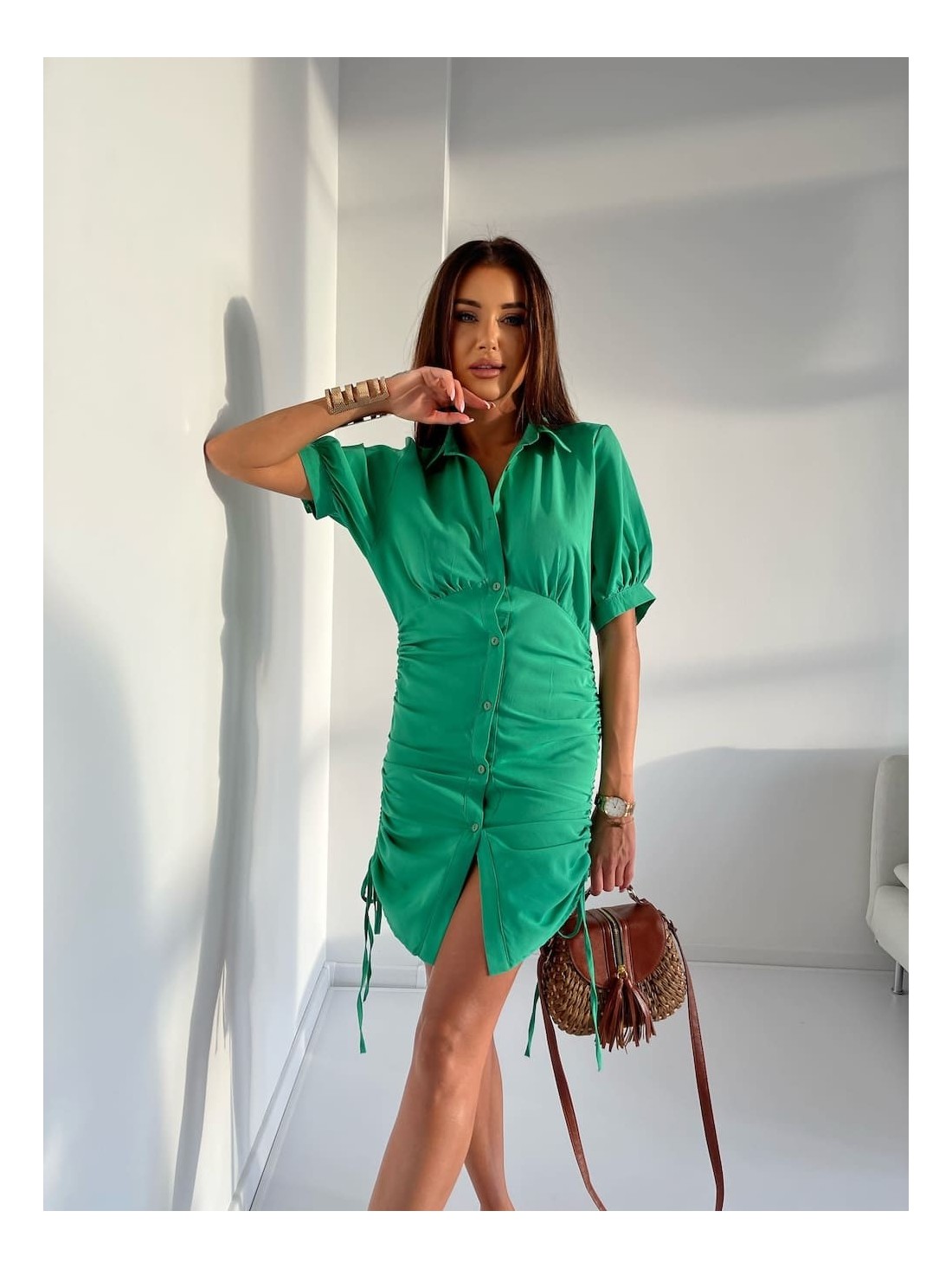 Shirt dress with ruffles on the sides, green FG649 - Online store - Boutique